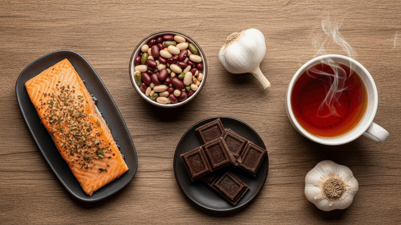 Prompt: A vibrant and artful flat lay composition showcasing the five guardian foods. A piece of baked salmon, a small bowl of mixed beans, a few squares of dark chocolate, a steaming cup of tea, and a head of garlic are beautifully arranged on a rustic wooden surface. The arrangement is harmonious, like a symphony of colors and textures. Style: Bright, uplifting light, top-down view, highly detailed, photorealistic, 8K.