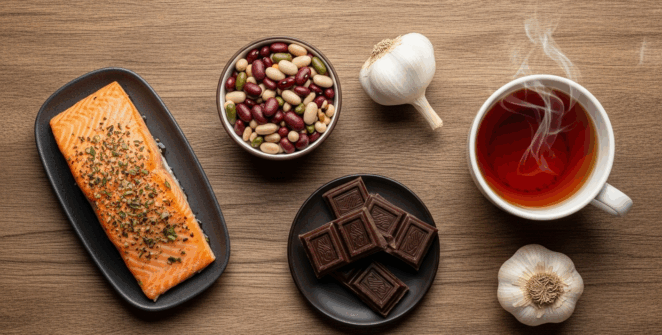 Prompt: A vibrant and artful flat lay composition showcasing the five guardian foods. A piece of baked salmon, a small bowl of mixed beans, a few squares of dark chocolate, a steaming cup of tea, and a head of garlic are beautifully arranged on a rustic wooden surface. The arrangement is harmonious, like a symphony of colors and textures. Style: Bright, uplifting light, top-down view, highly detailed, photorealistic, 8K.