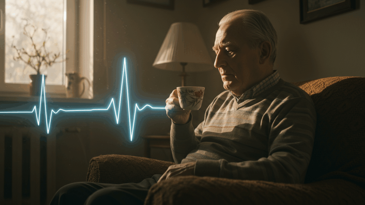 An elderly man sits in a peaceful, sunlit room holding a warm cup of tea, his face shows quiet contemplation. Superimposed over the scene, a faint, glowing, and confusing medical EKG line snakes its way towards him like a trap. The mood is a mix of serenity and impending dread. Cinematic, hyper-realistic, dramatic lighting.