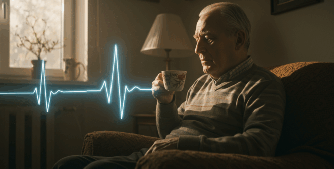 An elderly man sits in a peaceful, sunlit room holding a warm cup of tea, his face shows quiet contemplation. Superimposed over the scene, a faint, glowing, and confusing medical EKG line snakes its way towards him like a trap. The mood is a mix of serenity and impending dread. Cinematic, hyper-realistic, dramatic lighting.