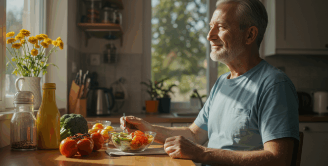 cinematic lifestyle photo, a vibrant and healthy senior man in his late 60s, smiling peacefully at a sun-drenched kitchen table, enjoying a colorful healthy meal with tomatoes and avocado, bright morning sunlight streaming through the window, sense of vitality and a new beginning, warm and inviting, photorealistic, 4K.