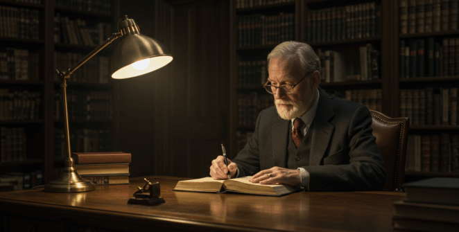 Segment 2: A Historian's Quest: Finding the Answers Within A wise, 76-year-old retired history teacher is sitting at a classic wooden desk, writing intently in a leather-bound journal. Behind him, a massive, dimly lit bookshelf filled with old books stretches to the ceiling. A single warm desk lamp illuminates his face and the journal. Cinematic, scholarly atmosphere, photorealistic.
