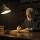 Segment 2: A Historian's Quest: Finding the Answers Within A wise, 76-year-old retired history teacher is sitting at a classic wooden desk, writing intently in a leather-bound journal. Behind him, a massive, dimly lit bookshelf filled with old books stretches to the ceiling. A single warm desk lamp illuminates his face and the journal. Cinematic, scholarly atmosphere, photorealistic.