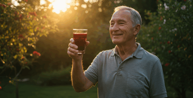 Prompt: An epic, cinematic photo of a reborn, healthy man in his late 60s (Harold), smiling with peace and vitality. He is standing in his lush, beautiful garden at sunrise, holding up a glass of deep, rich red pomegranate juice to the golden light. The atmosphere is one of triumph, hope, and profound renewal.