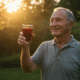 Prompt: An epic, cinematic photo of a reborn, healthy man in his late 60s (Harold), smiling with peace and vitality. He is standing in his lush, beautiful garden at sunrise, holding up a glass of deep, rich red pomegranate juice to the golden light. The atmosphere is one of triumph, hope, and profound renewal.
