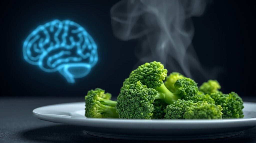 "A close-up of bright green steamed broccoli on a plate, with gentle steam rising. Subtle overlay of a glowing brain outline in the background, symbolizing cognitive health. Clean, medical wellness photography style, 16:9 format."
