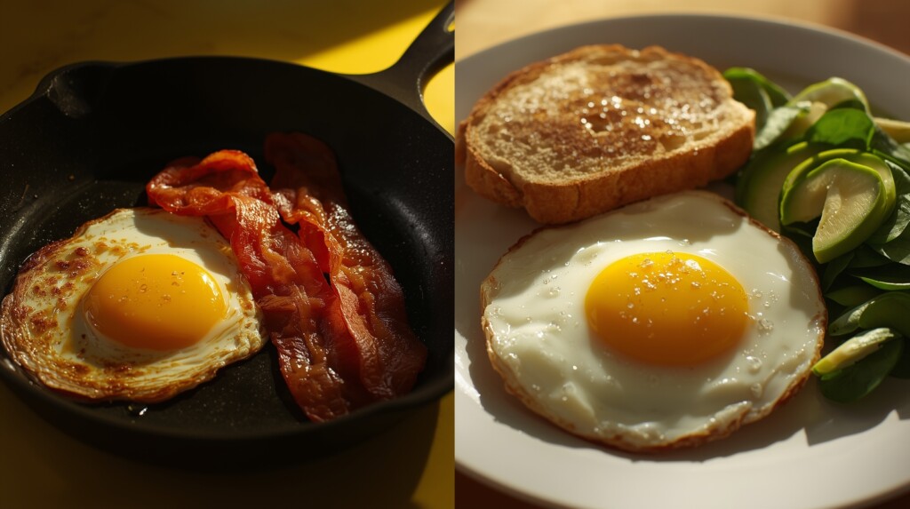 A dramatic split-screen composition, high-contrast. On the left side, a greasy fried egg with two strips of crispy bacon and a slice of buttered white toast, under harsh, sterile, slightly sickly yellow lighting. On the right side, a perfectly cooked egg sits next to vibrant green sliced avocado and fresh spinach, bathed in warm, natural morning sunlight. Conceptual art, powerful visual storytelling, photorealistic.
