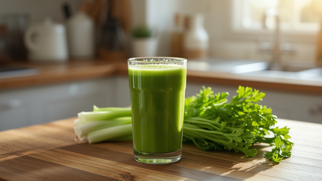 "A glass of fresh green celery juice on a wooden kitchen counter, next to stalks of celery. Bright morning sunlight from the side, refreshing and calming tone. Editorial medical wellness style, 16:9 format."