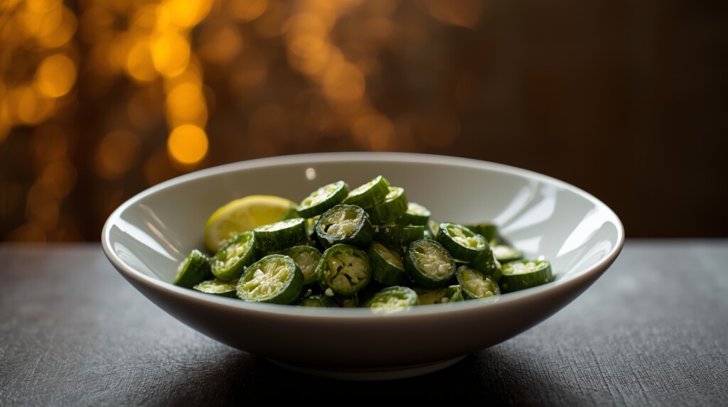 "A small, elegant salad bowl of okra slices with olive oil and lemon, photographed in warm natural light. Subtle artistic touch: faint glowing arteries in the background, symbolizing vascular health. High realism, soft focus, 16:9 format."
