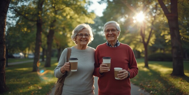 OUTRO – Protect Your Heart, Protect Your Life Inspiring wide shot: senior couple in their 70s walking together in a sunny park holding coffee mugs, smiling, vibrant morning light, symbolizing independence and health, cinematic photo-realistic, 16:9
