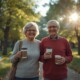 OUTRO – Protect Your Heart, Protect Your Life Inspiring wide shot: senior couple in their 70s walking together in a sunny park holding coffee mugs, smiling, vibrant morning light, symbolizing independence and health, cinematic photo-realistic, 16:9