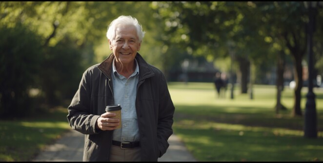 Segment 6 – Paul’s Recovery Story Senior man in his early 70s walking confidently in a park, smiling, wearing casual clothes, holding a thermos cup of coffee, fresh morning sunlight, greenery around, atmosphere of vitality and hope, realistic cinematic photography, 16:9