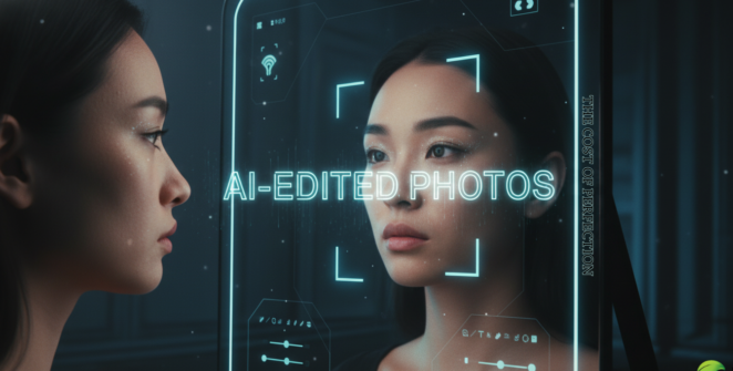 Cinematic digital mirror showing AI-edited photos versus raw human reality with neon glitch text.
