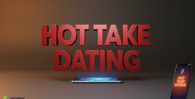 Close-up of a large smartphone featuring Hot Take Dating bold interface with professional minimalist typography and cinematic lighting.