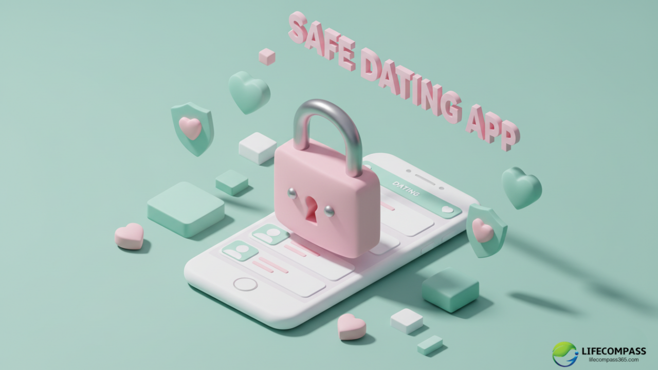 Minimalist 3D isometric safe dating app feature banner with title text.