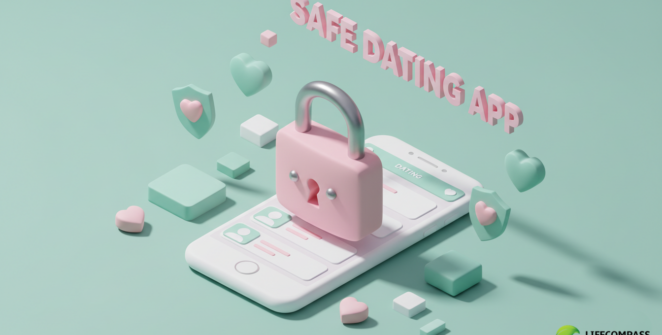 Minimalist 3D isometric safe dating app feature banner with title text.